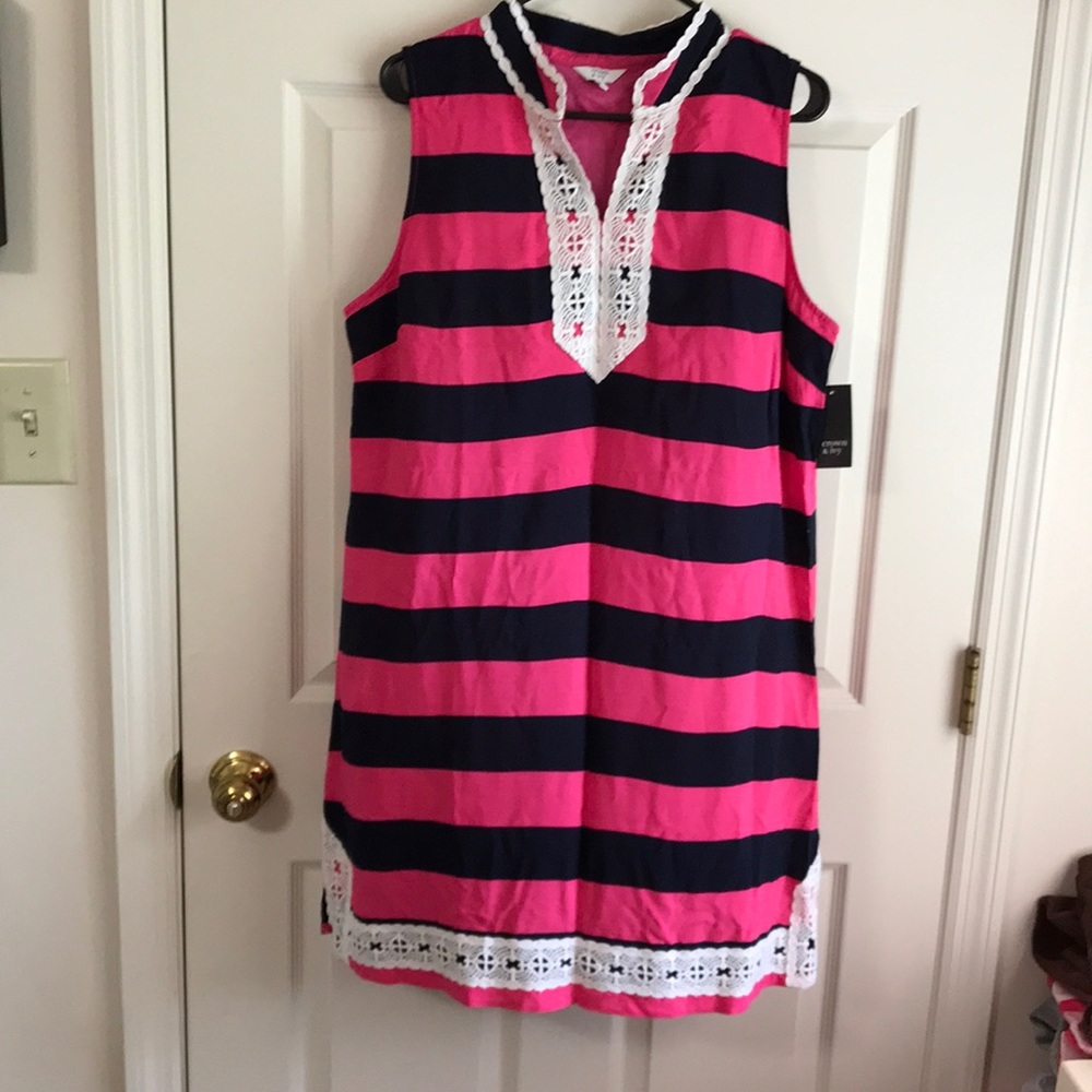 Crown and Ivy pink/navy striped sleeveless dress L